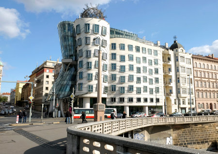 PRAGUE, CZECH REPUBLIC - OCTOBER 03, 2018:  Dancing house in the style of deconstruction on the Vltava Embankment in Pragueのeditorial素材