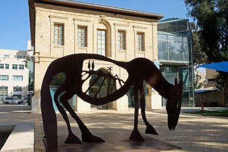 BEER SHEVA, ISRAEL - JANUAR 03, 2019: Modern stylized figure of a donkey on the background of the Negev Museumのeditorial素材