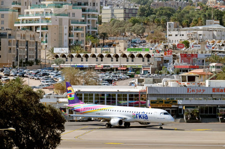 EILAT, ISRAEL - MARCH 03, 2019: Aircraft company Arkia at the airport of Eilat in the city center