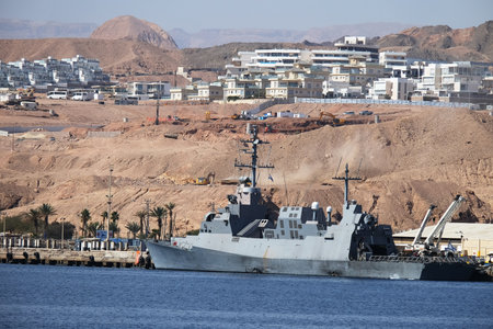 EILAT, ISRAEL - MARCH 03, 2019: Type missile boat Saar with a helipad at the pier of the naval base in Eilatのeditorial素材