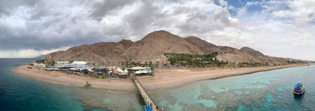EILAT, ISRAEL - MARCH 03, 2019: View of the Eilat Aquarium and hotels on the Red Sea near the Eilat