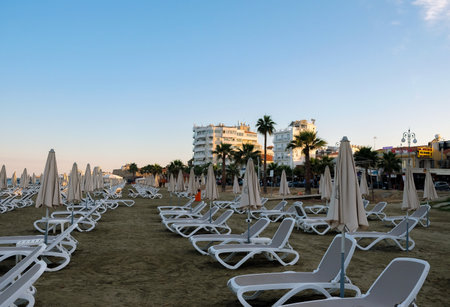 LARNAKA, CYPRUS - MAY 11, 2019: Public City Beach Finikoudes on the Mediterranean coast in Larnakaのeditorial素材