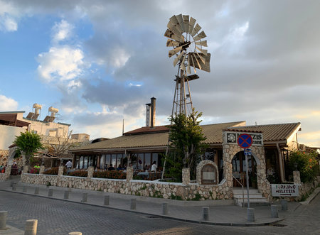 LARNAKA, CYPRUS - MAY 10, 2019: Restaurant Militzis on the Mediterranean promenade in Larnacaのeditorial素材