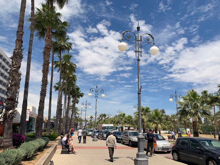 LARNAKA, CYPRUS - MAY 11, 2019: Finikoudes Embankment on the Mediterranean Coast in Larnakaのeditorial素材