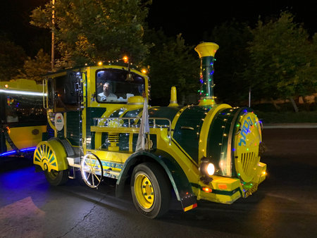 JERUSALEM, ISRAEL - JUNE 26, 2019: Festival of Light 2019 in Jerusalem. Yellow old city train