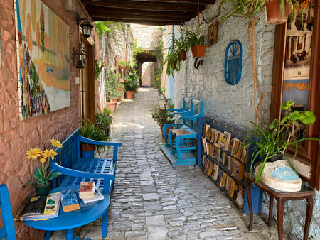 LEFKARA, CYPRUS - MAY 10, 2019: Place of exchange of books in a narrow street in the historical village of Lefkaraのeditorial素材