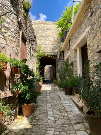 LEFKARA, CYPRUS - MAY 10, 2019: Many flowers and greenery on a narrow street in the historical village of Lefkaraのeditorial素材
