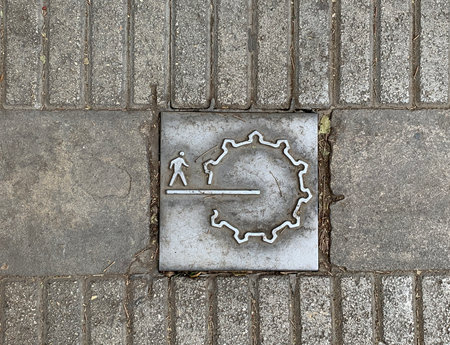 NICOSIA, CYPRUS - MAY 10, 2019: Pictogram on a tile into the pavement that indicates Ledra Street inside the historic part of Nicosiaのeditorial素材