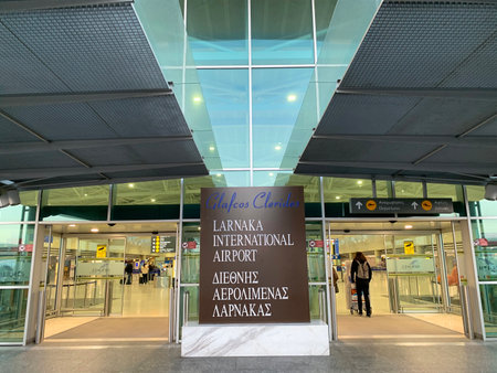 LARNAKA, CYPRUS - MAY 12, 2019: Entrance to the Larnaca International  Airportのeditorial素材