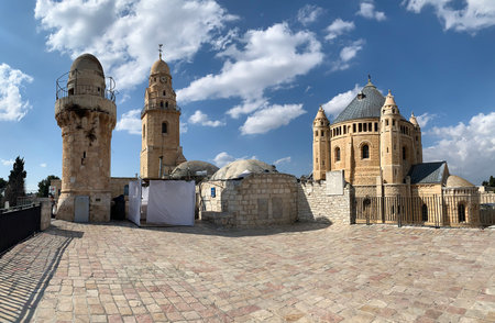JERUSALEM, ISRAEL - OCTOBER 24, 2019: View from the roof of the Chamber of the Last Supper at the Benedictine monastery of Dormizion, minaret, room of the President of Israelのeditorial素材
