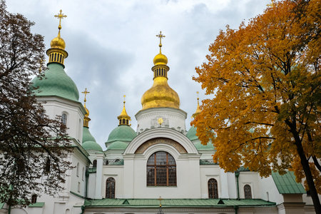 KIEV, UKRAINE - OCTOBER 05, 2019: Golden domes of the Hagia Sophia on background of skyのeditorial素材