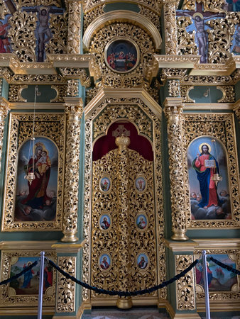 KIEV, UKRAINE - OCTOBER 01, 2019: Interior of the Cathedral of the Assumption of the Blessed Virgin Mary - the main cathedral church of the Kiev Pechersk Lavraのeditorial素材