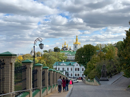 KIEV, UKRAINE - OCTOBER 01, 2019: Bell tower of distant caves and the Church of the Nativity of the Virgin  in the Kiev Pechersk Lavraのeditorial素材