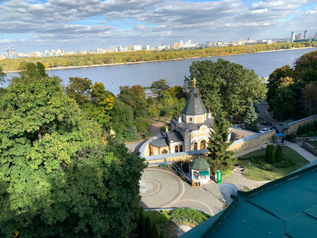 KIEV, UKRAINE - OCTOBER 01, 2019: Top view of the Church of the Life-Giving Spring on the banks of the Dnieperのeditorial素材