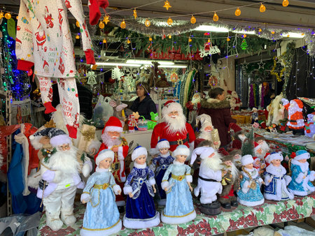 BEER SHEVA, ISRAEL - DECEMBER 19, 2019: Counter with a large assortment of Christmas items to decorate the holidayのeditorial素材