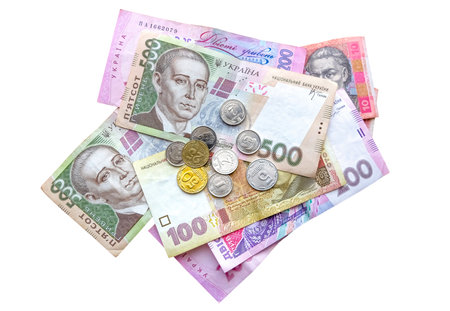 KIEV, UKRAINE - OCTOBER 06, 2019: Ukrainian banknotes and coins isolated on whiteのeditorial素材