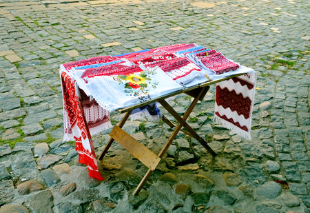 KIEV, UKRAINE - OCTOBER 02, 2019: Cross-stitch colorful national pattern of towelsのeditorial素材