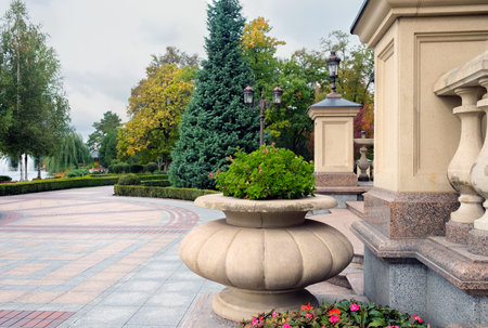 MEZHYHIRYA, UKRAINE - OCTOBER 04, 2019: Space in front of the entrance to the Residence of the former President of Ukraine Yanukovych in Mezhyhiryaのeditorial素材