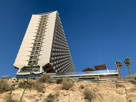 TEL AVIV, ISRAEL - MAY 25, 2020: View of the Hilton Hotel in Tel Aviv on the high coast of the Mediterranean Seaのeditorial素材
