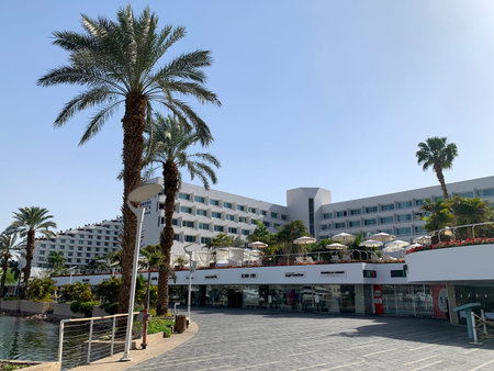 EILAT, ISRAEL - APRIL 16, 2021: Eilat promenade along the canal leading to the marina