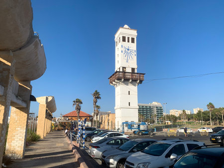 ASHDOD, ISRAEL - SEPTEMBER 18, 2021: The sundial tower near the beach in Ashdodのeditorial素材