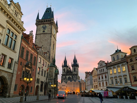 PRAGUE, CZECH REPUBLIC - OCTOBER 20, 2021: Town Hall and Church of Mary Tynska on Old Town Square at dawnのeditorial素材