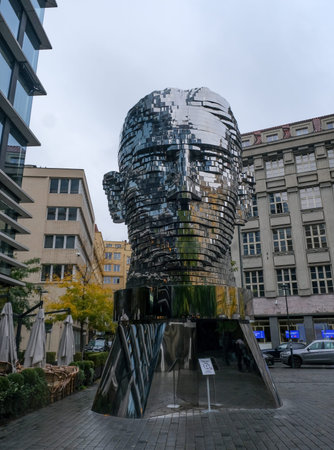 PRAGUE, CZECH REPUBLIC - OCTOBER 14, 2021: Franz Kafka's head sculpture in Prague a work of kinetic artのeditorial素材