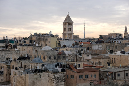 JERUSALEM, ISRAEL - DECEMBER 28, 2021: View of the Old City of Jerusalem and the Belfry of the Protestant Church of the Savior (Redimer)のeditorial素材