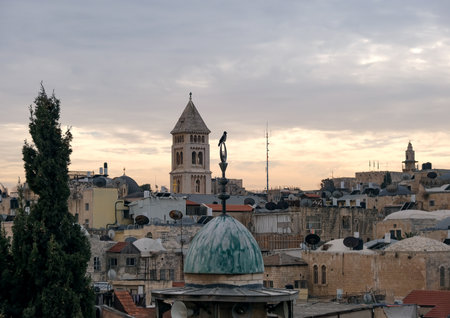 JERUSALEM, ISRAEL - DECEMBER 28, 2021: View of the Old City of Jerusalem and the Belfry of the Protestant Church of the Savior (Redimer)のeditorial素材