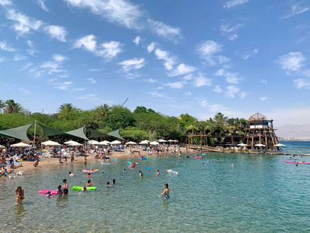 EILAT, ISRAEL - JUNE 03, 2022: Dolphin Reef Beach on the Red Sea in Eilat