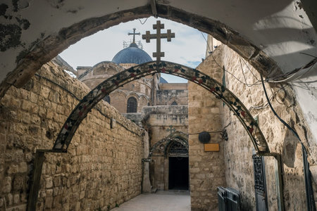 JERUSALEM, ISRAEL - DECEMBER 28, 2021: Passage to the Coptic Orthodox Patriarchate in the Church of...