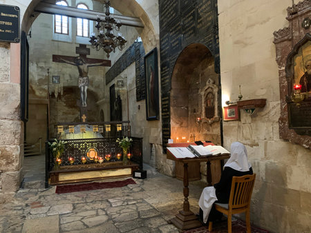JERUSALEM, ISRAEL - DECEMBER 28, 2021: The threshold of the Judgment Gate in the Alexander Compound near the Church of the Holy Sepulcherのeditorial素材
