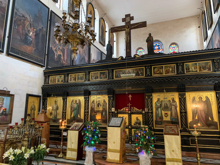 JERUSALEM, ISRAEL - DECEMBER 28, 2021: Iconostasis in the Church of Alexander Nevsky in the...