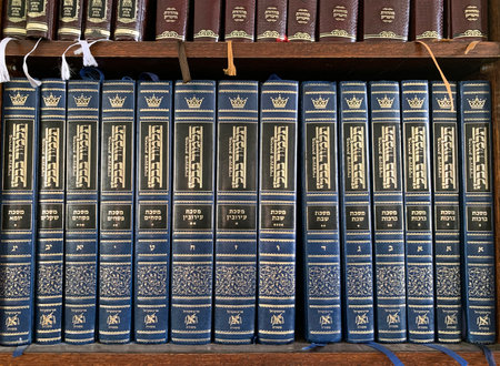 ROSH PINA, ISRAEL - OCTOBER 21, 2022: Talmud books in the synagogue of the Romanian Jews who founded Rosh Pinaのeditorial素材