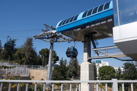 HAIFA, ISRAEL - FEBRUARY 20, 2023: Station of passenger cable car public transport in Haifa from the...