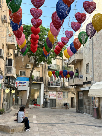JERUSALEM, ISRAEL - JUNE 19, 2023: Street design in the form of hearts and balloons in Jerusalem on Ben Yehuda Streetのeditorial素材