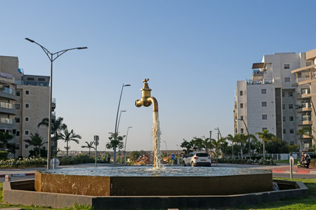 NETIBOT, ISRAEL - NOVEMBER 23, 2022: A fountain in the form of a faucet with flowing water at a roundaboutのeditorial素材