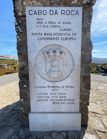 LISBON, PORTUGAL - SEPTEMBER 23, 2022: Stele with the coordinates of the westernmost point of the Eurasian continentのeditorial素材