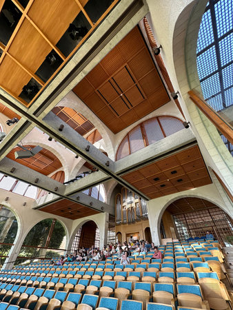 JERUSALEM, ISRAEL - JUNE 30, 2023: Organ in the interior of the concert hall Brigham Young...
