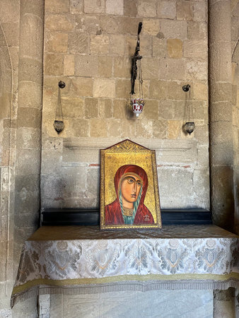 RHODES, GREECE - SEPTEMBER 23, 2023: Copy of the icon Our Lady of Filermos in Filerimos Monasteryのeditorial素材