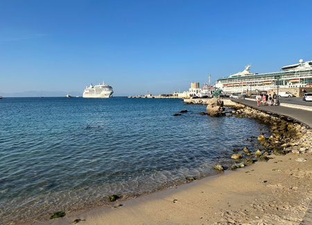 RHODES, GREECE - SEPTEMBER 23, 2023: View from the Rhodes promenade of a multi-deck cruise shipの写真素材