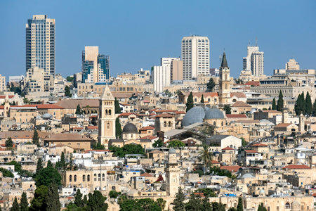 JERUSALEM, ISRAEL - JUNE 07, 2024: View of the Old City of Jerusalem and new buildings from the Mount of Olivesの写真素材