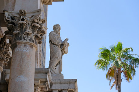 JERUSALEM, ISRAEL - JUNE 07, 2024: Column capital and sculpture on the pediment of the Church of All Nations in Jerusalemの写真素材