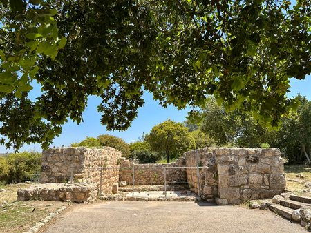 Ruins Khirbet Hanoot or Khirbet el Khan served as a roadside station on the Roman emperor's road from Gaza to Jerusalemの写真素材
