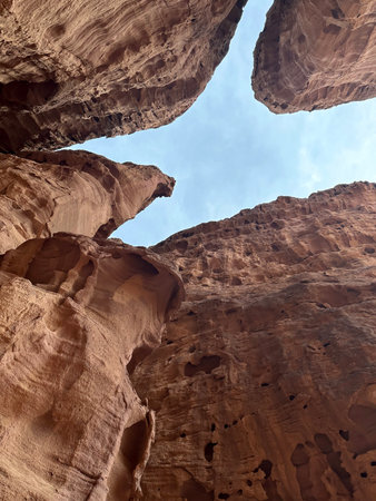 Solomon pillars in Timna Park in southern Israel in the Arava desert. Looking up from the bottomの写真素材