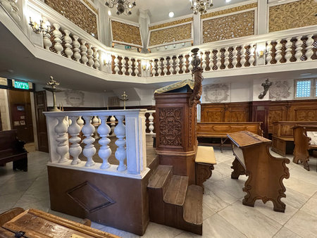 JERUSALEM, ISRAEL - JULY 29, 2025: Torah reading stand in the Interior of Synagogue from Conegliano...