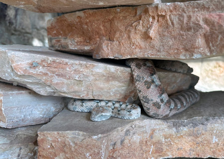 The painted saw-scaled viper, painted carpet viper or Burton's carpet viper (Echis coloratus) in the...