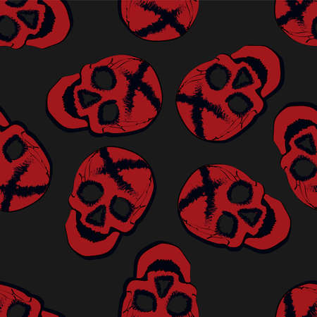 Red skull on a dark-grey background. Vector seamless pattern.のイラスト素材