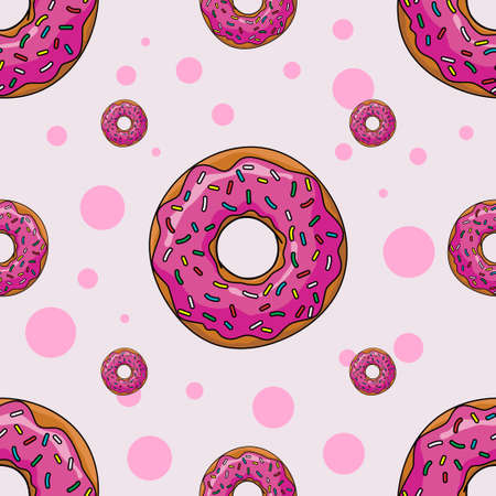 Seamless background with cartoon donut in style flatのイラスト素材