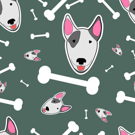 Seamless illustration with bull terrier and bones on color background.のイラスト素材